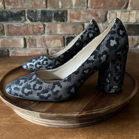 Cole Haan Alanna Brocade Pumps II Black Silver Leopard Block Heels Womens 9 B - Picture 6 of 16